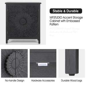 Armoire d'appoint modulaire en bois massif à deux portes, motif floral noir sculpté à la main, design gain de place, salon moderne, comprend l'intérieur - Product Image 4