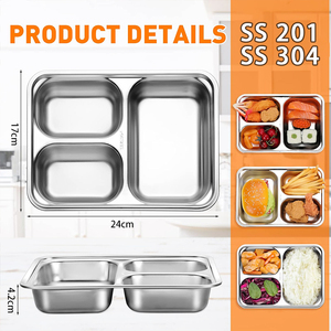 Plateau repas compartimenté en acier inoxydable <span class=keywords><strong>avec</strong></span> <span class=keywords><strong>couvercle</strong></span>, <span class=keywords><strong>3</strong></span>, 4 ou 5 <span class=keywords><strong>compartiments</strong></span>, pour enfants, écoles et restaurants - Product Image 3
