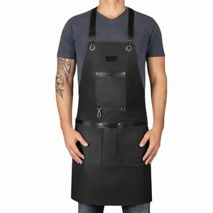 Top Quality Cross Back Barber Apron Bib Aprons With Leather Straps Adjustable Apron With Pockets