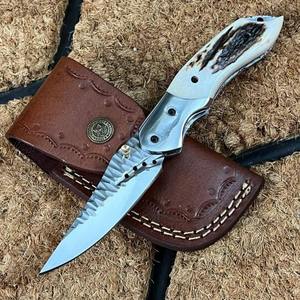 Couteau de poche de camping forgé en acier D2 fait à la main, manche en corne de cerf, couteau pliant avec étui en cuir, OEM disponible, usage quotidien C/ry - Product Image 1
