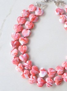 2026 Handmade Resin Heart Shape Multi Strand <b>Necklace</b> Pink White Marbled <b>Statement</b> Jewelry Valentine's Day Love Theme with Woman - Product Image 5