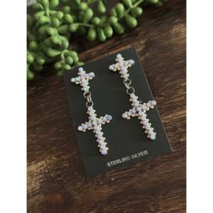 Zuni Vintage Style Purple Opal Sterling Silver Drop <b>Earrings</b> Cluster Cross <b>Post</b> Dangle Christian Symbol Gold Diamond Accents - Product Image 3