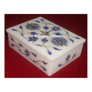 Caja de Almacenamiento de Joyas Hecha a Mano de Diseño Clásico Nuevo, de Mármol Blanco con Incrustaciones Florales Azules y Madreperla - Product Image 1