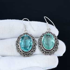 Boucles d'oreilles en pierre d'aigue-marine, argent sterling 925, boucles d'oreilles faites à la main, boucles d'oreilles statement, bijoux d'anniversaire, cadeau de fiançailles pour l'amour - Product Image 1