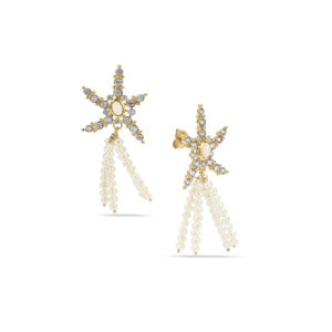 Pendientes colgantes de perlas cultivadas de agua dulce Kelayi Opal con acento de circonita blanca y plata de ley chapada en oro - Product Image 1