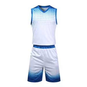 Conjunto de camiseta de baloncesto para hombre, uniforme deportivo sublimado con gradiente blanco y azul, sin mangas, cuello en V, absorbe la humedad, 100% poliéster - Product Image 1