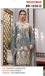 Colección de trajes paquistaníes formales de diseñador de exportación Dhwaja, trabajo de bordado de Organza, ajuste holgado de secado rápido para ocasiones de fiesta - Product Image 4