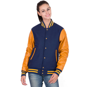 Chaqueta Universitaria de Lana Hecha a Medida para Mujer con Mangas de Cuero Genuino, Cierre de Botones, Teñido Liso, Ropa de Abrigo de Invierno - Product Image 1