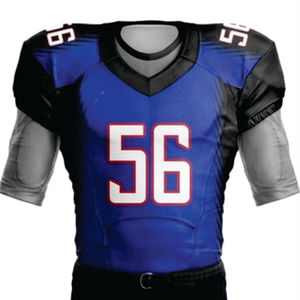 ชุดฟุตบอลอเมริกันแบบระเหิดโพลีเอสเตอร์สำหรับผู้ชายชุดเสื้อทีมผ้าทอแบบสั้นระบายอากาศสีน้ำเงินสีดำสิ่งทอลายทแยง100% ออกแบบได้ตามต้องการ - Product Image 2