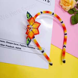 Handmade Beaded Hairband with Orange Yellow <b>Floral</b> Design and Green Leaves Ideal for Girls Ethnic Fashion and Festive Styling - Product Image 5