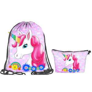 Sac fourre-tout pour étudiant, sac à dos à cordon imprimé numériquement en 3D avec motif licorne, sacs de rangement de grande et petite taille - Product Image 2