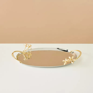 Plateau de service en métal de qualité supérieure Design ovale doré poignées élégantes à bords festonnés floraux pour la restauration décorative de table - Product Image 5