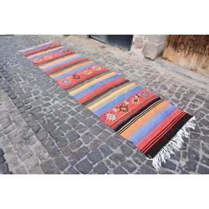 Tapis en Laine Turque Vintage Fait Main 3 'X 12.9' Rouge Bleu Ethnique Patchwork Rectangle Design Style Classique pour Salon Chambre Latex - Product Image 2