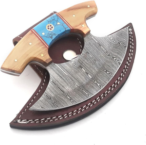 Cuchillo Ulu de Acero de Damasco con Hoja Fija, Mango de Madera con Agarre Cómodo, Cuchillo Ulu con Funda de Cuero - Product Image 1