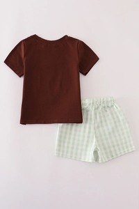 Ensemble de vêtements pour garçons confortables à motif solide en été, haut et short à appliques de canard mignon pour enfants, design marron - Product Image 6