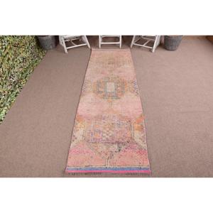 2.8x9.5 ft <b>Runner</b> Vintage Wool <b>Rug</b> Pink Patchwork Turkish <b>Rug</b> with Latex Backing - Product Image 1