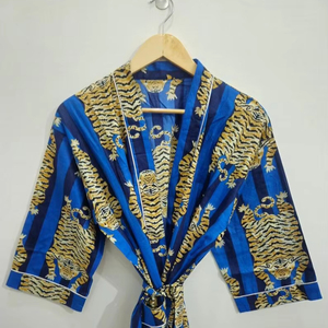 Cotton Kimono Robe Dressing Gown, Block Print Bridesmaid Robe, Summer Nightwear, One Size - Product Image 1