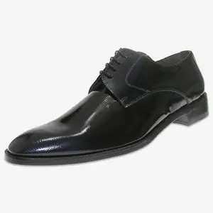 Men's plus size wedding derby shoe in black smooth printed patent leather handmade in Italy stitched real leather sole
