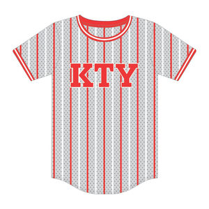 เสื้อเบสบอลแบบสวมหัวลายทางสีเทา KAP แบบกำหนดเอง ผลิตจากผ้าโพลีเอสเตอร์ตาข่าย 100% เสื้อยืดสโมสรนักศึกษาพร้อมโลโก้ปัก - Product Image 2