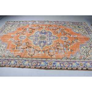 Tapis vintage turc en laine patchwork 6,3x10,1 pieds, avec support en latex écologique, orange et bleu, grand tapis persan - Product Image 4