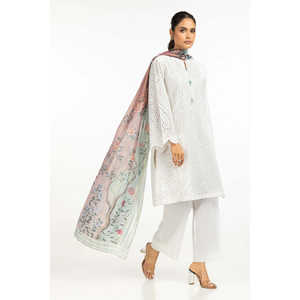 Chemise et dupatta en cambric blanc cassé à imprimé floral pour femme, avec broderie Schiffli faite main, respirante, tailles XS-XL, pour le printemps/été - Product Image 2