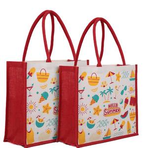 Eco-World Bags Bolsa de compras de yute rojo con asa acolchada de algodón Patrón de logotipo personalizado de tamaño mediano para regalos corporativos de viaje Más - Product Image 4