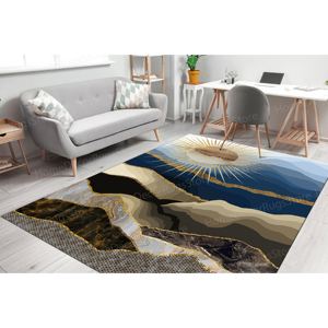 Tapis en laine imprimé Paysage de montagne et soleil doré, motif patchwork, écologique, avec support en latex non-tissé - Product Image 3