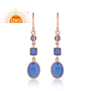 Pendientes Colgantes de Plata de Ley Fina con Baño de Oro Rosa y Calcedonia Azul Natural, los Más Vendidos, Fabricación de Joyería Personalizada - Product Image 4
