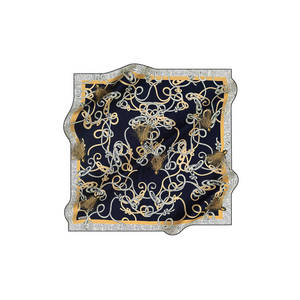 Navy Blue <b>Silk</b> Crepe Satin Square <b>Scarf</b> with Chain Pattern - Product Image 1