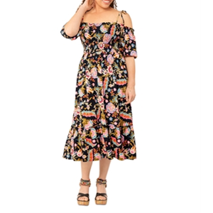 Abito Midi Leota per Kelly Nero con Stampa Multi-Labbra, Taglia S, Elegante per Feste, Boho, Traspirante, Naturale, Taglie Forti per XL 3XL, per Festival - Product Image 1