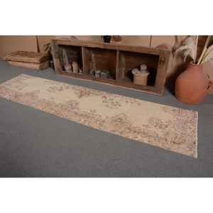 Alfombra de lana turca Vintage de 2,4x9,5 pies, tejido plano de retazos beige y rosa para decoraciones de sala de estar con respaldo de látex - Product Image 3