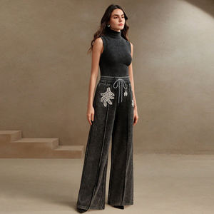 Logo personnalisé à la mode coupe-vent taille moyenne lâche strass Jogger pantalons de survêtement femmes coton polaire lourd Streetwear style baggy - Product Image 5