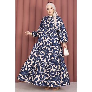 Robe en viscose bleu marine à demi-boutonnage pour femme, motif feuilles élégant, respirante, grandes tailles, décontractée, pour le quotidien et les fêtes, du XS au XL - Product Image 3