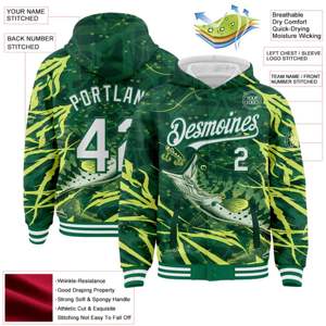 Chaqueta con capucha personalizada Kelly Green White Largemouth Bass Fish Fishing 3D Bomber Full-Snap Varsity Letterman - Product Image 2