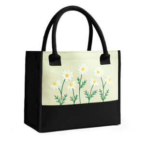 Green Floral Embroidered Tote Handbag Single Handle Canvas Felt Solid Color <b>Working</b> Women Shoulder Carry <b>Bag</b> Luxury Vibe <b>Bag</b> - Product Image 1