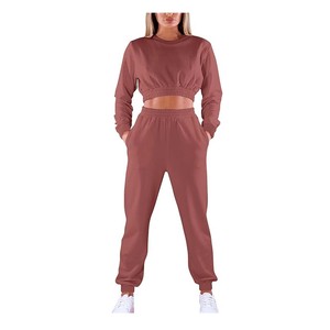 Sudaderas con capucha cortas con pantalón de moda 100% Material de algodón Chándal recortado transpirable Color marrón para damas - Product Image 4