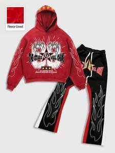 Ensemble de survêtements deux pièces en coton personnalisé unisexe, sweats à capuche à ourlet brut, pantalons de survêtement évasés empilés, impression bouffante 3D, hiver-femmes/hommes - Product Image 4