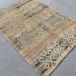 4.1x5.7 ft Turkish Rug, Kilim Rug, <b>Brown</b> Patchwork Rug <b>Wool</b> - Product Image 4