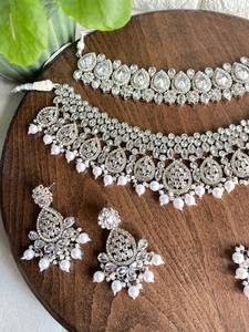 Premium Classique En Acier Inoxydable Argent Plaqué Kundan Mode Ensemble Collier De Mariée Boucles D'oreilles Tikka Long Mala pour Anniversaire - Product Image 3