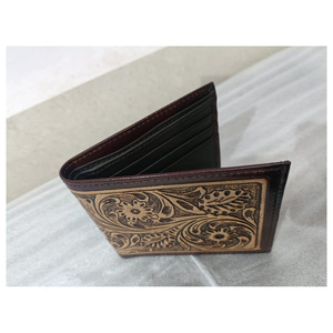 Hot Selling Premium Unisex <b>Tan</b> <b>Brown</b> Border Soft Leather Wallet Hand Tooled Carved Floral Design Custom Logo Popular in India - Product Image 1