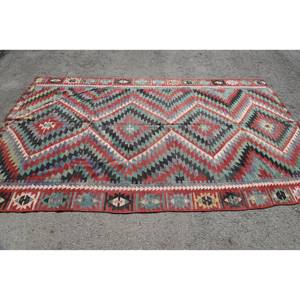 Tapis Vintage Kilim Rouge Vert Turc 5.5X9.4 pieds Grande Surface en Laine pour Entrée Couloir Rectangle Espace Patchwork Motif Latex - Product Image 3