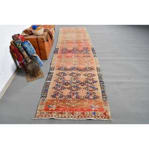 พรมวินเทจสไตล์ตุรกี ขนาด 3.1x11.6 ฟุต สีส้มเฮอร์กี ทำจากขนสัตว์ - Product Image 1