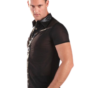 Mens Nylon Trim Leather <b>Shirt</b> Black Short Sleeve Faux Leather Fetish Button Front Club Top - Product Image 4