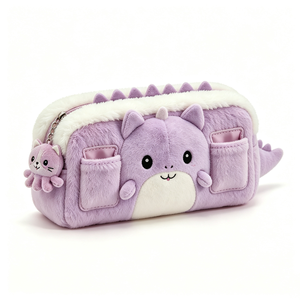 Customized purple dinosaur plush pencil case,Cute dinosaur plush pencil pouch with charm, <b>Large</b> capacity fluffy dinosaur - Product Image 2