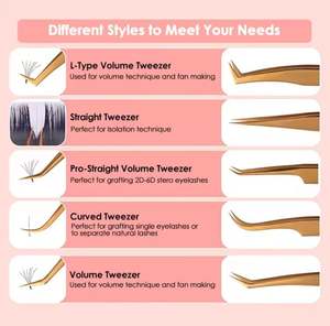 Pinces à cils en acier inoxydable de qualité supérieure plaquées or avec étui en cuir PU pour kit d'extension de cils - Product Image 2