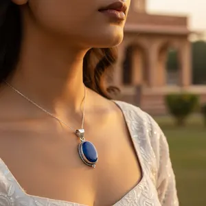 Pendentif en argent 925 avec lapis-lazuli pour femmes, plaqué rhodium, or blanc, bijoux en pierres précieuses avec motif religieux, charme - Product Image 1