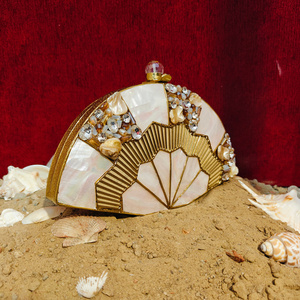 Luxury Fan Shape Mother of <b>Pearl</b> Panelled <b>Clutch</b> with Crystal and <b>Pearl</b> Embellishment Gold Frame Evening Bag - Product Image 2