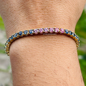 สร้อยข้อมือเทนนิสทองคำแท้ 14K ประดับด้วยไพลินหลากสีธรรมชาติ เครื่องประดับชั้นดี ของขวัญคริสเตียน หรูหราสำหรับผู้หญิง - Product Image 2