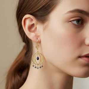 Pendientes Colgantes Vintage Chapados en Oro de 22K con Motivo Circular, Zafiro y Filigrana, 8.52g, para Bodas y Fiestas - Product Image 4