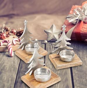 High Quality Aluminum Silver <b>Christmas</b> <b>Tree</b> Tealight Candle Holder With Wood <b>Base</b> <b>for</b> Home & <b>Christmas</b> Decoration - Product Image 3